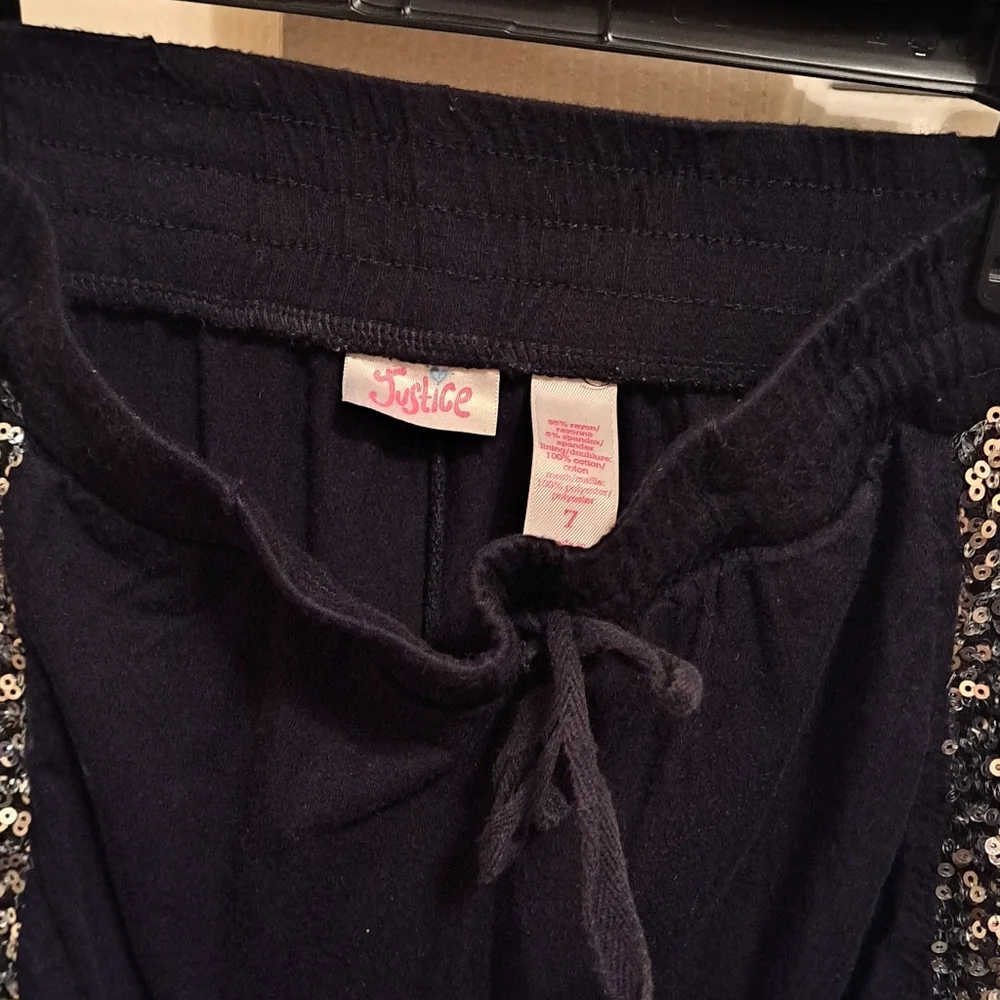Justice Girls Black Joggers with Silver Sequin Stripes, good preloved condition
